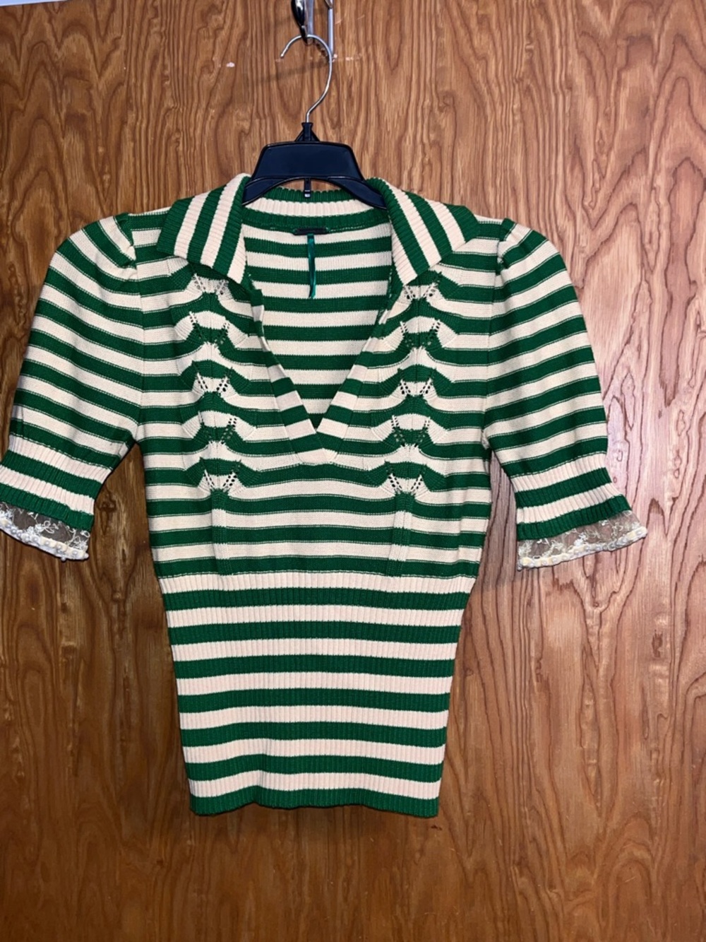 Fornarina Striped Green and Cream Knit Polo Blouse size medium